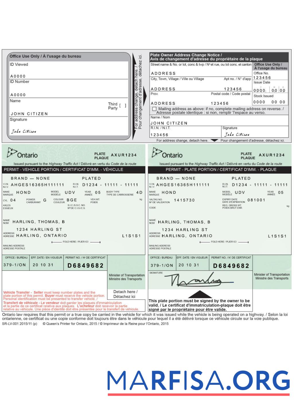Blank Canada Ontario car title example